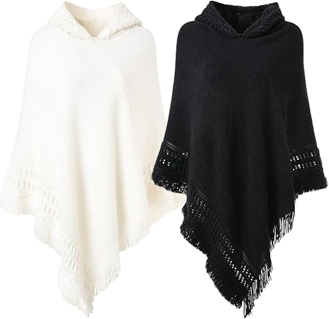 FringeCharm Women’s Knitted Hooded Poncho Set